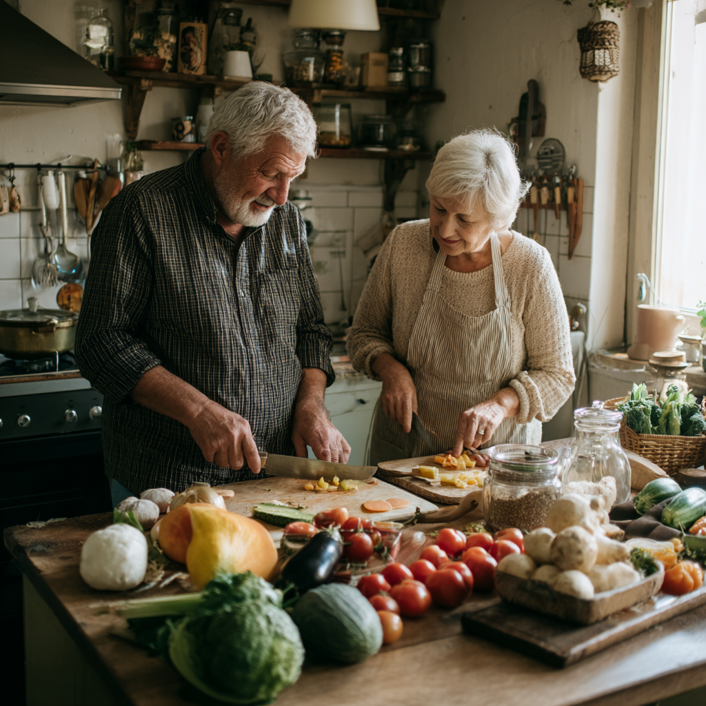 Smiling Ukrainian woman in her 40s preparing healthy meal with fresh vegetables and fruits, natural lighting in modern kitchen