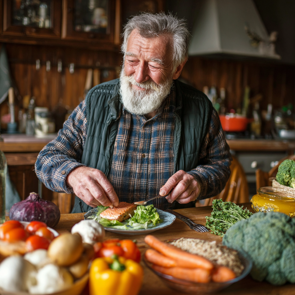 Happy Ukrainian family of different generations sitting around dinner table with healthy food, warm home atmosphere