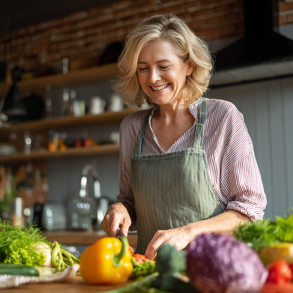 Ukrainian senior couple in their 60s cooking together in bright kitchen with fresh ingredients and vegetables spread on counter